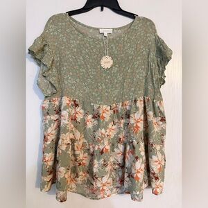 ODDY Sage and Floral Women's Blouse NWT